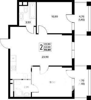 2-к квартира, строящийся дом, 56м2, 2/8 этаж