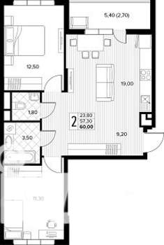 2-к квартира, строящийся дом, 60м2, 5/8 этаж