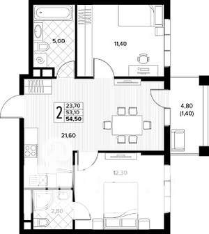 2-к квартира, строящийся дом, 55м2, 5/8 этаж