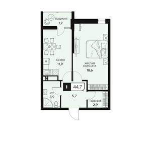 1-к квартира, вторичка, 45м2, 1/15 этаж