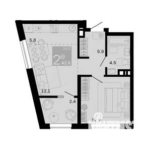 1-к квартира, вторичка, 43м2, 2/12 этаж