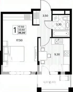 1-к квартира, вторичка, 35м2, 4/8 этаж