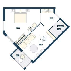1-к квартира, вторичка, 51м2, 5/9 этаж