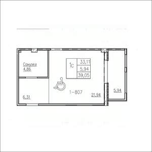Студия квартира, вторичка, 39м2, 7/9 этаж