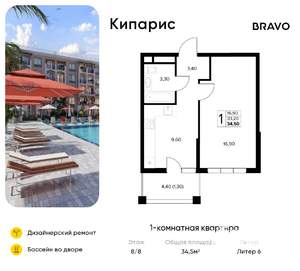 1-к квартира, вторичка, 35м2, 8/8 этаж