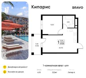 1-к квартира, вторичка, 37м2, 6/8 этаж