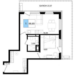 1-к квартира, вторичка, 67м2, 2/9 этаж
