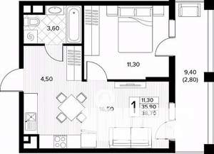 1-к квартира, строящийся дом, 39м2, 3/8 этаж