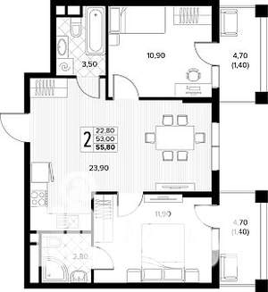 2-к квартира, строящийся дом, 56м2, 2/8 этаж