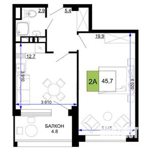 2-к квартира, строящийся дом, 46м2, 3/9 этаж