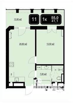 1-к квартира, вторичка, 55м2, 1/9 этаж