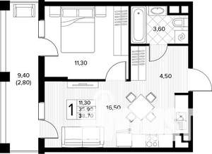 1-к квартира, строящийся дом, 39м2, 3/8 этаж