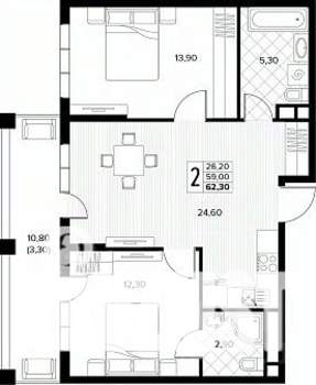 2-к квартира, строящийся дом, 62м2, 6/8 этаж