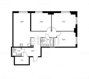 3-к квартира, вторичка, 58м2, 2/19 этаж