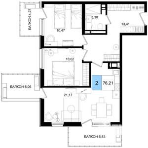 2-к квартира, строящийся дом, 76м2, 2/8 этаж