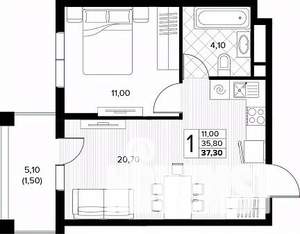 1-к квартира, строящийся дом, 37м2, 4/8 этаж
