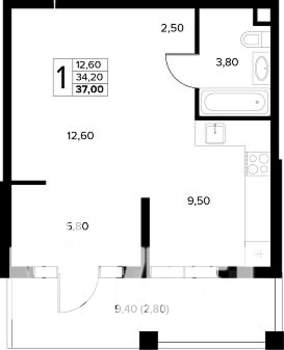 1-к квартира, строящийся дом, 37м2, 1/8 этаж