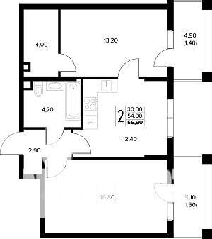 2-к квартира, строящийся дом, 57м2, 1/8 этаж