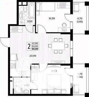 2-к квартира, строящийся дом, 56м2, 6/8 этаж