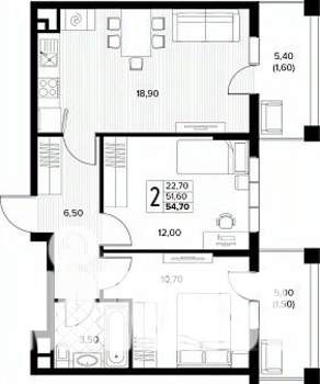 2-к квартира, строящийся дом, 55м2, 2/8 этаж