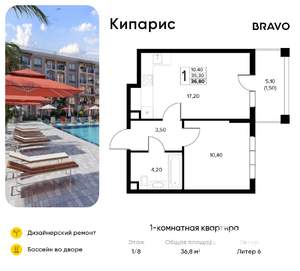 1-к квартира, вторичка, 37м2, 1/8 этаж