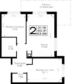 2-к квартира, вторичка, 54м2, 4/4 этаж