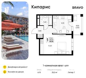 1-к квартира, вторичка, 36м2, 6/8 этаж