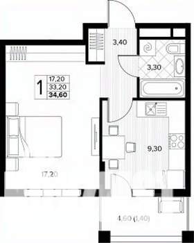 1-к квартира, строящийся дом, 35м2, 6/8 этаж