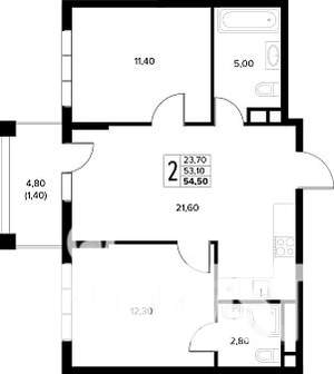 2-к квартира, строящийся дом, 55м2, 7/8 этаж