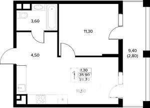 1-к квартира, строящийся дом, 39м2, 5/8 этаж