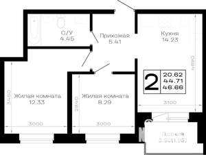 2-к квартира, строящийся дом, 47м2, 1/4 этаж