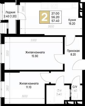 2-к квартира, вторичка, 57м2, 3/12 этаж