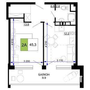 2-к квартира, строящийся дом, 45м2, 3/9 этаж