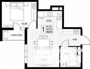 1-к квартира, строящийся дом, 40м2, 5/8 этаж