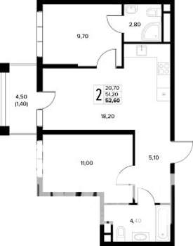 2-к квартира, строящийся дом, 53м2, 4/8 этаж