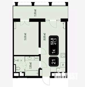 1-к квартира, вторичка, 53м2, 2/9 этаж
