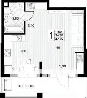 1-к квартира, строящийся дом, 37м2, 1/8 этаж