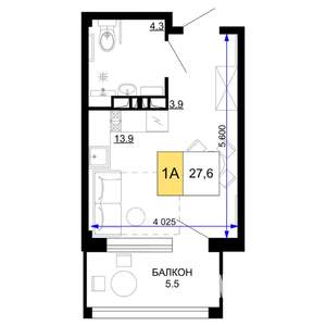 1-к квартира, строящийся дом, 28м2, 6/9 этаж