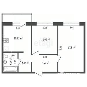 2-к квартира, вторичка, 54м2, 8/17 этаж