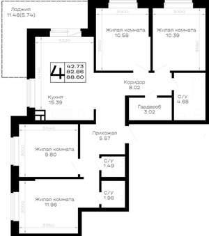 4-к квартира, строящийся дом, 89м2, 1/4 этаж