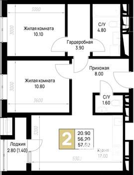 2-к квартира, строящийся дом, 58м2, 6/12 этаж