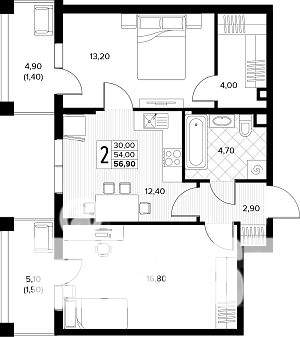 2-к квартира, строящийся дом, 57м2, 1/8 этаж