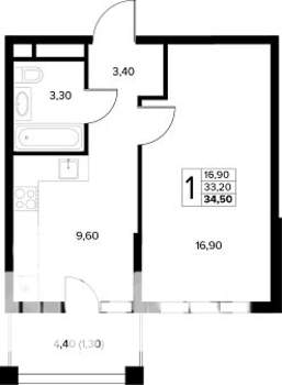 1-к квартира, строящийся дом, 35м2, 8/8 этаж