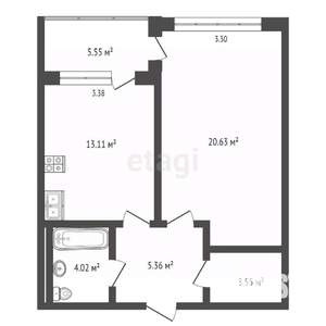 1-к квартира, вторичка, 52м2, 2/12 этаж