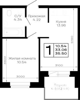 1-к квартира, строящийся дом, 36м2, 3/4 этаж