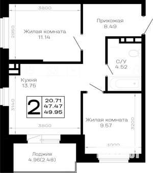 2-к квартира, строящийся дом, 50м2, 3/4 этаж