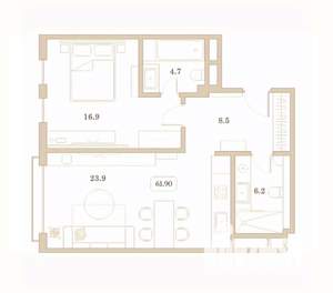 1-к квартира, вторичка, 62м2, 7/7 этаж
