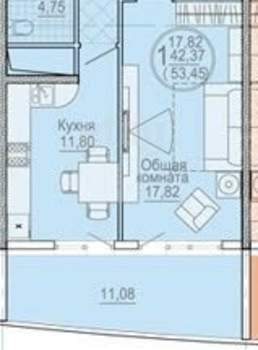 1-к квартира, вторичка, 53м2, 18/23 этаж