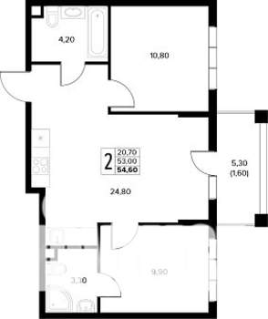 2-к квартира, строящийся дом, 55м2, 1/8 этаж