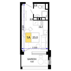 1-к квартира, строящийся дом, 23м2, 5/9 этаж